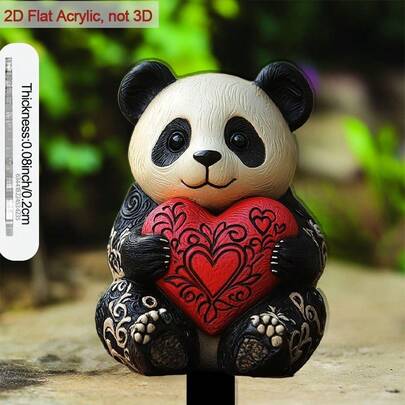 2D 平面亚克力熊猫手捧爱心 | 情人节花园插牌装饰，庭院和露台装饰，装饰艺术风格，为草坪和花园增添魅力，无需电池或电源