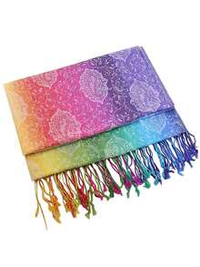 1 pieza Bufanda de cachemira con flecos de jacquard arcoíris para mujer, chal grande, para playa, vacaciones - Multicolor - Ver 2