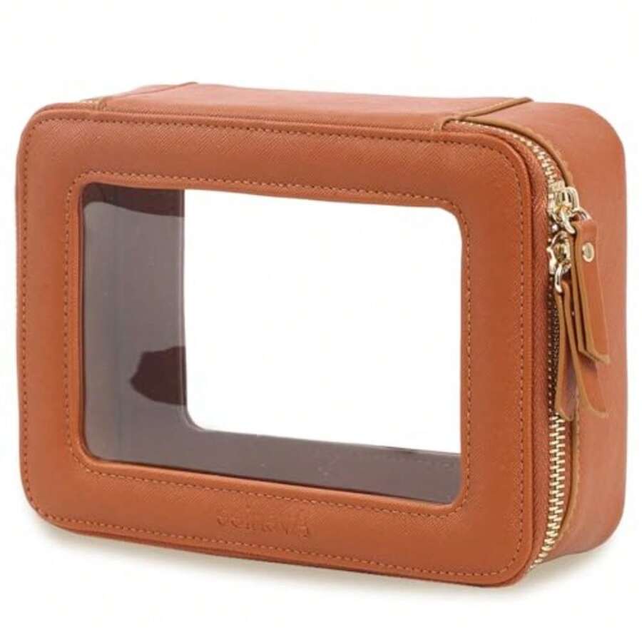 Clear Makeup Bag Travel Toiletry Case for Women Cosmetic Pouch with Zippers Car Storage Organizer for Essentials Brown Medium Classic - Marrón - Ver 1