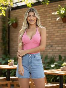 Women's Ribbed Tank Top In The Color Of The Year. Great Fit. Basic And Easy To Match. Minimalist With V-Neck And Neck Tie. Summer. - Pink - View 2