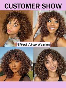 水波纹波波头假发，带刘海，真人发，无胶机织，佩戴方便，200%密度，挑染真人发波波头假发，#4/30，日常及派对适用 - S4/30 - 查看 5