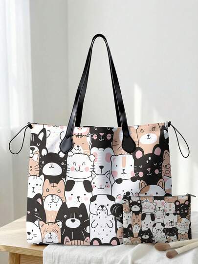 Cat Pattern Lightweight Tote Bag With Cosmetic Bag, Suitable For Shopping, Travel And Beach, Ideal Gift, Large Capacity Women Handbag