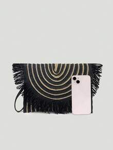 BAILEE 这款时尚休闲的波西米亚风黑色纸编手提包，采用独特的黑金撞色设计，配有可拆卸肩带。包包可容纳手机、钱包及其他物品。这款带有流苏装饰的包包，是海滨度假的理想之选，可手提、单肩背或手提。非常适合户外度假、海滩之旅、观光、购物和日常通勤。也是馈赠亲朋好友的绝佳礼物。 - 彩色 - 查看 10