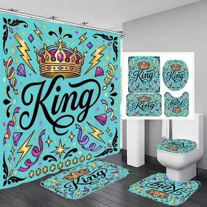 1件/4件套国王皇冠图案多功能浴室装饰浴帘套装，赠送12个挂钩，营造优雅节日氛围，包含浴室地垫、U型马桶垫和圆形马桶垫，适用于各种浴室场景。