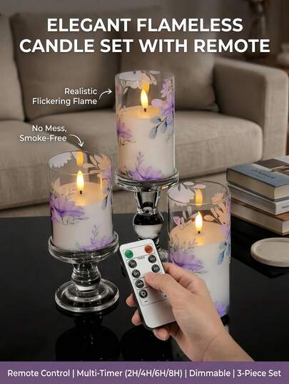 1/2/3pcs Electric Pillar Candles, Flameless Flickering Candles With Remote Control And Timer, Battery Operated, LED Purple Flower, LED Candles, Realistic Wick, 3D Flame Effect, Suitable For Home Decor, Wedding, Valentine's Day, Party, Garden, Fireplace, Living Room, Candle Warmer, Mother's Day, Gift (3 X 4, 5, 6 Inches)