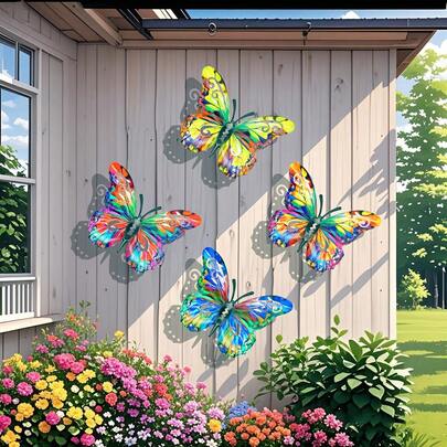 4pcs Colorful Metal Butterfly Wall Art Movable Wings, Metal Butterfly Statue Wall Decor, Suitable For Garden, Yard, Living Room, Bedroom, Patio, Balcony - No Electricity Needed, Outdoor Fence Art Decoration, Ideal Gift For Family And Friends