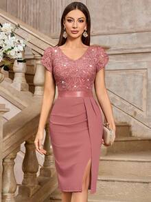 MIUSOL Elegant Sequin Lace Puff Sleeve Ruched Split Thigh Cocktail Party Bodycon Dress,Semi Formal Women Dress,For Wedding Guest, Graduation, Dinner - Dusty Pink - View 2