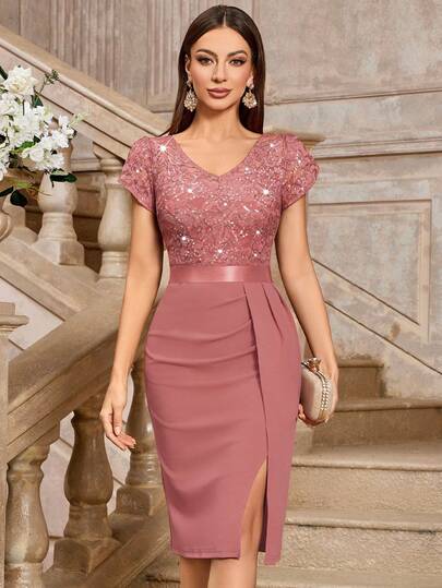 MIUSOL Đầm dạ hội thanh lịch đính sequin, ren, tay phồng, xếp ly, xẻ tà, kiểu đuôi cá, thích hợp cho khách dự đám cưới, lễ tốt nghiệp, tiệc chiêu đãi.