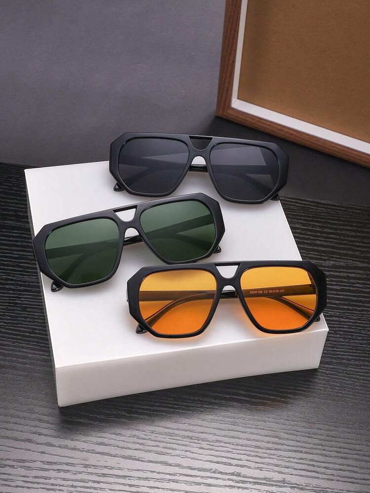 Bộ 3 kính thời trang phi công cổ điển dành cho nam, gọng polycarbonate màu trơn, tròng kính màu nhạt, nhẹ, phù hợp cho việc đi lại hàng ngày, kèm hộp đựng kính. - Nhiều màu - Xem 2