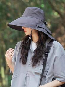 Women's Summer Sun Hat, Outdoor Cycling Neck Protector, Wide Brim, Breathable, Foldable, Hiking Bucket Hat, Fashionable, Versatile, Solid Color, Casual, Polyester Fiber (Polyester) Solid Color Windproof And UV Protection Hat For Spring And Summer., Beach, Vacation - Hat - View 3