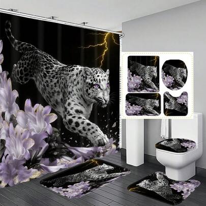1pc/4pcs Leopard & Floral Pattern Black Multifunctional Bathroom Decor Shower Curtain Set, Free 12 Hooks Included, Elegant Holiday Atmosphere, Bathroom Mat, U-Shaped Toilet Mat And Round Toilet Mat, Suitable For All Scenarios Bathroom Set
