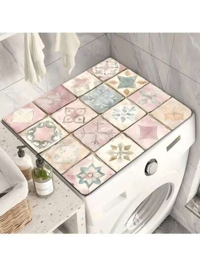 1-Piece Bohemian Quick-Drying Absorbent Washing Machine Dust Cover Mat, Pink, Colorful Tile Pattern, Non-Slip, Suitable For Laundry Equipment And Kitchen Decor, Fits Most Standard Size Washing Machines, Can Be Used For Home Decor, Table Decor, Party Decor, Wedding Decor, Restaurant Kitchen Decor, Room Decor, Etc.
