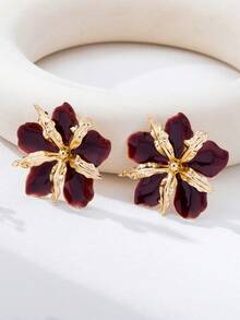 1 Pair Retro Exaggerated Burgundy Enamel Earrings, Suitable For Women's Party, Wedding, Holiday Wear - Burgundy - View 2