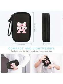 Compact Black Double-Layer Zipper Storage Bag And Digital Product Organizer With 26 Cute Patterned Bow Letters: A Must-Have Travel Cable And Electronics Storage Accessory That Can Store Power Banks, USB Data Cables, Headphones - Multicolor - View 3