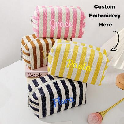  Personalized Striped Canvas Makeup Bag Small Cosmetic Organizer Portable Toiletry Bag Travel Wash Bag Zipper Storage Pouch For Girl Daily Skincare Beauty Essentials Organizer
