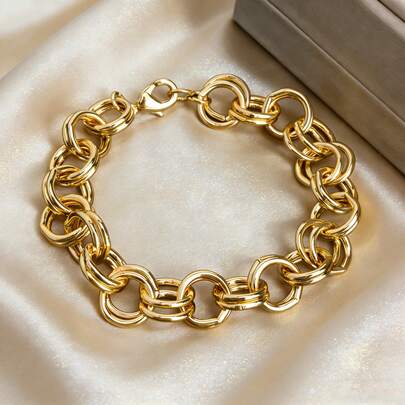 1pc Women's Minimalist Elegant 14K Gold Plated Copper Double Ring Bracelet, Fashionable Versatile Daily Wear Jewelry