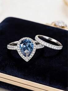 2枚女士时尚个性化戒指 - 精致水滴形珠宝 - 优雅锆石订婚戒指 - 适合日常佩戴，最佳礼品之选 - 藍色 - 查看 5