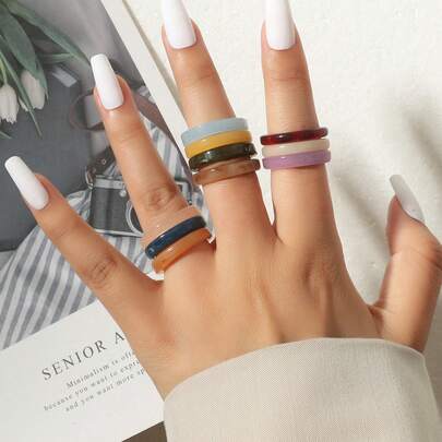 10枚/套 简约双色树脂戒指，适合音乐节、派对，女士礼物