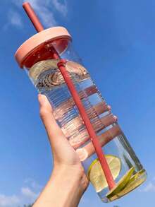 1 pieza Vaso con pajita para té de frutas, vaso portátil de plástico a prueba de golpes y minimalista para bebidas de té de frutas y leche - Multicolor - Ver 1