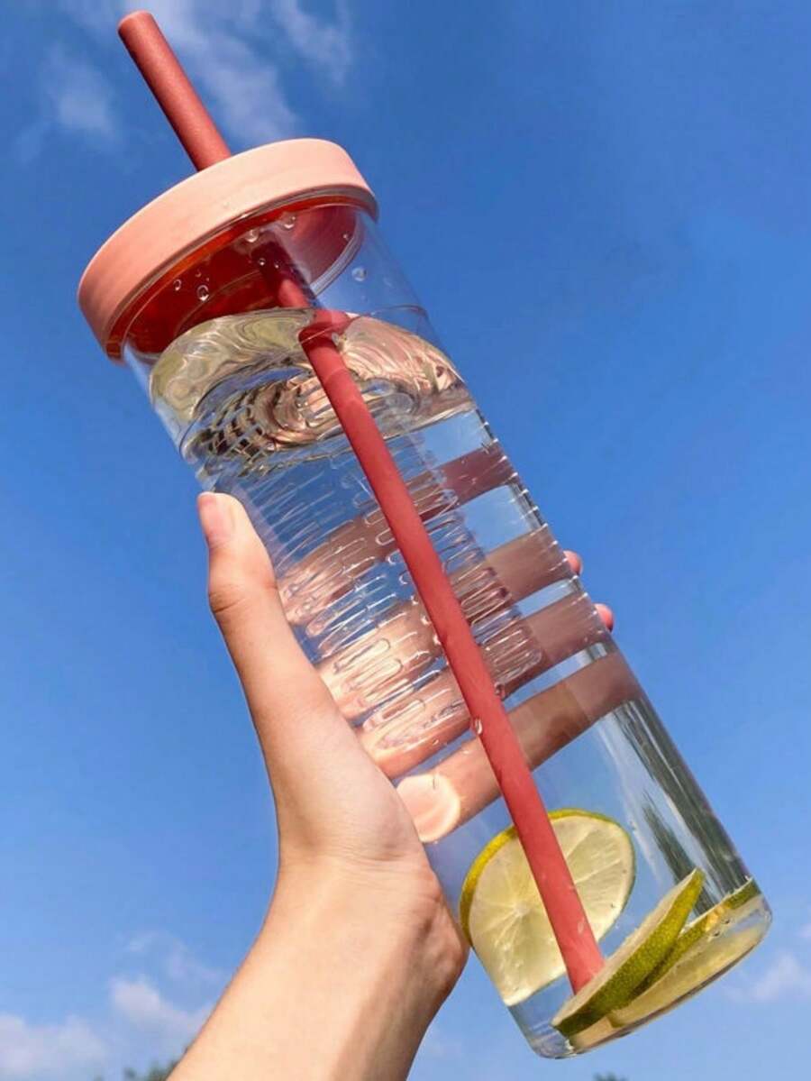 1 pieza Vaso con pajita para té de frutas, vaso portátil de plástico a prueba de golpes y minimalista para bebidas de té de frutas y leche - Multicolor - Ver 1