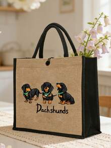 Yellow Linen Dachshund Pattern Tote Bag - Multifunctional Large Capacity Handbag And Wallet Set, Including Small Wallet - Multicolor - View 3
