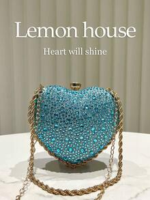 1个闪亮迷人的蓝色水钻心形手拿包，可爱迷你心形亮片不对称晚宴包，适合女性、婚礼、派对、庆典等场合。 - 藍色 - 查看 3