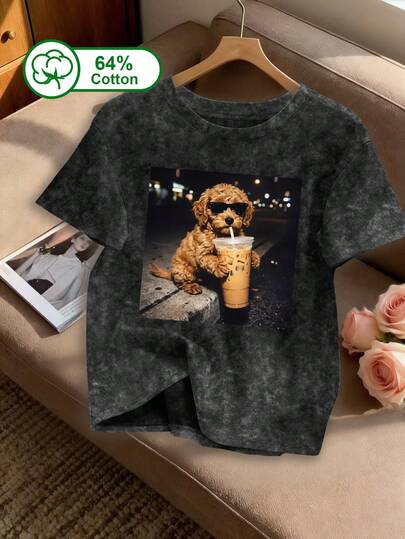 Plus Size Women's Casual Short Sleeve T-Shirt With Distressed Puppy Drinking Bubble Tea Graphic, Round Neck Design, Suitable For Summer And Autumn, Great For Daily And Outdoor Wear, Snowflake Pattern Women's Graphic Tee