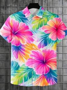 Vibrant Tropical Hibiscus Flowers Symbolize Joy Freedom And Summer Vitality Across Radiant Pink Orange And Green Leaves 3D Print Men Short Sleeve Button Up Shirt Casual Beach Style - 白色 - 查看 1