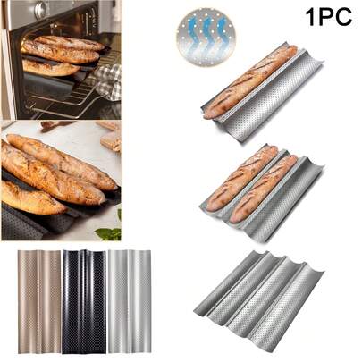 Khuôn bánh mì và bánh ngọt kiểu Pháp 2/3/4 lỗ, khuôn nướng bánh mì Pháp chống dính cao cấp, hộp nướng bánh mì lượn sóng, giá nướng bánh mì, dụng cụ khay nướng, khuôn nướng bánh mì chua dài, thích hợp cho cả làm bánh chuyên nghiệp và gia đình, có thể làm bánh mì vỏ giòn vàng óng, thích hợp cho bánh mì Pháp và bánh mì Ý, chịu nhiệt và thoáng khí (Bạc, Vàng, Đen)