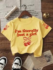 Bộ 2 món áo thun ngắn tay casual cho bé gái tuổi teen đi kèm quần short caro đỏ (cắt ngẫu nhiên), họa tiết anh đào, thiết kế trẻ thơ, mẫu mới mùa hè - Màu vàng - Xem 3