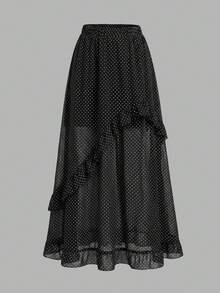 Chân váy EARO chấm bi dáng suông, chất liệu chiffon, eo chun, kiểu dáng thường ngày, không co giãn, thời trang đa năng, thanh lịch, thích hợp cho kỳ nghỉ xuân, màu đen. - màu đen - Xem 2