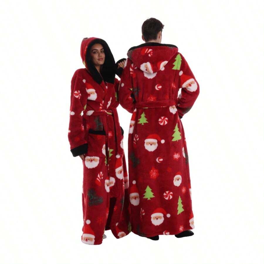 Neue Herbst-Winter-Faulbettdecke, TV-Decke, Outdoor-Kälteschutz-Kapuzen-Loungewear, Langarm, Verdickter Paar-Kapuzen-Bademantel, Loungewear - Rote Weihnacht - Übersicht 1