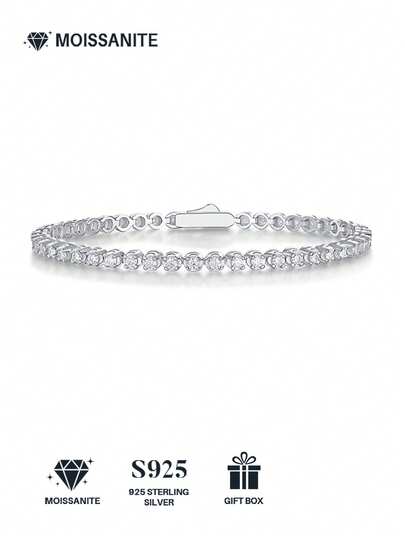 Vòng tay tennis bằng bạc Sterling 925 đính đá Moissanite dành cho nữ, đính kim cương toàn bộ, không gây dị ứng, phù hợp cho cả đeo hàng ngày và các dịp trang trọng, quà tặng cho bạn gái, vợ, mẹ, được đựng trong hộp quà sang trọng.