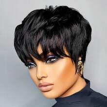 Summer Style Short Pixie Cut Wig Burgundy Red Afro Short Curly Black Wigs Side Part Curly Bangs Synthetic No Glue Brown Wigs Natural Looking Cosplay Hair Wig Short Burgundy Curly Wigs Wine Red Pixie Cut Wigs With Side Bangs Easy To Wear - BLACK435-1 - 查看 2