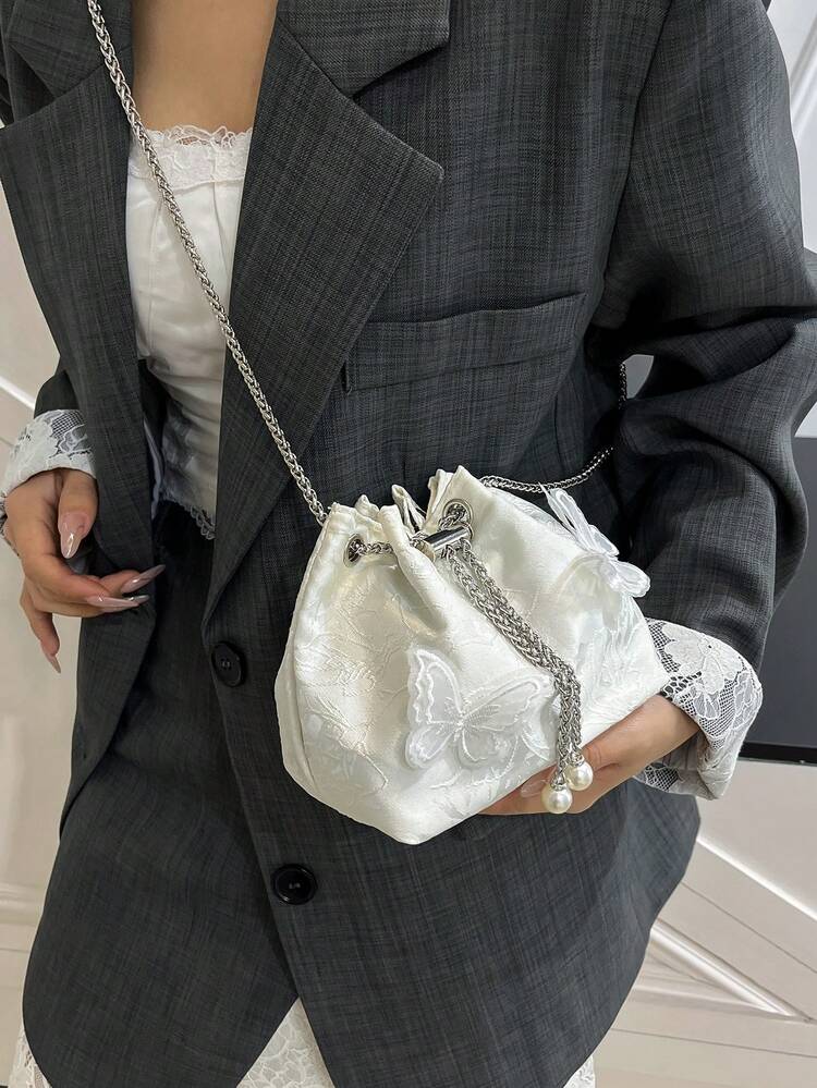 1pc White Butterfly Embroidered Crossbody Bag, Featuring Metal Chain Strap For Elegant & Versatile Look - White - View 4