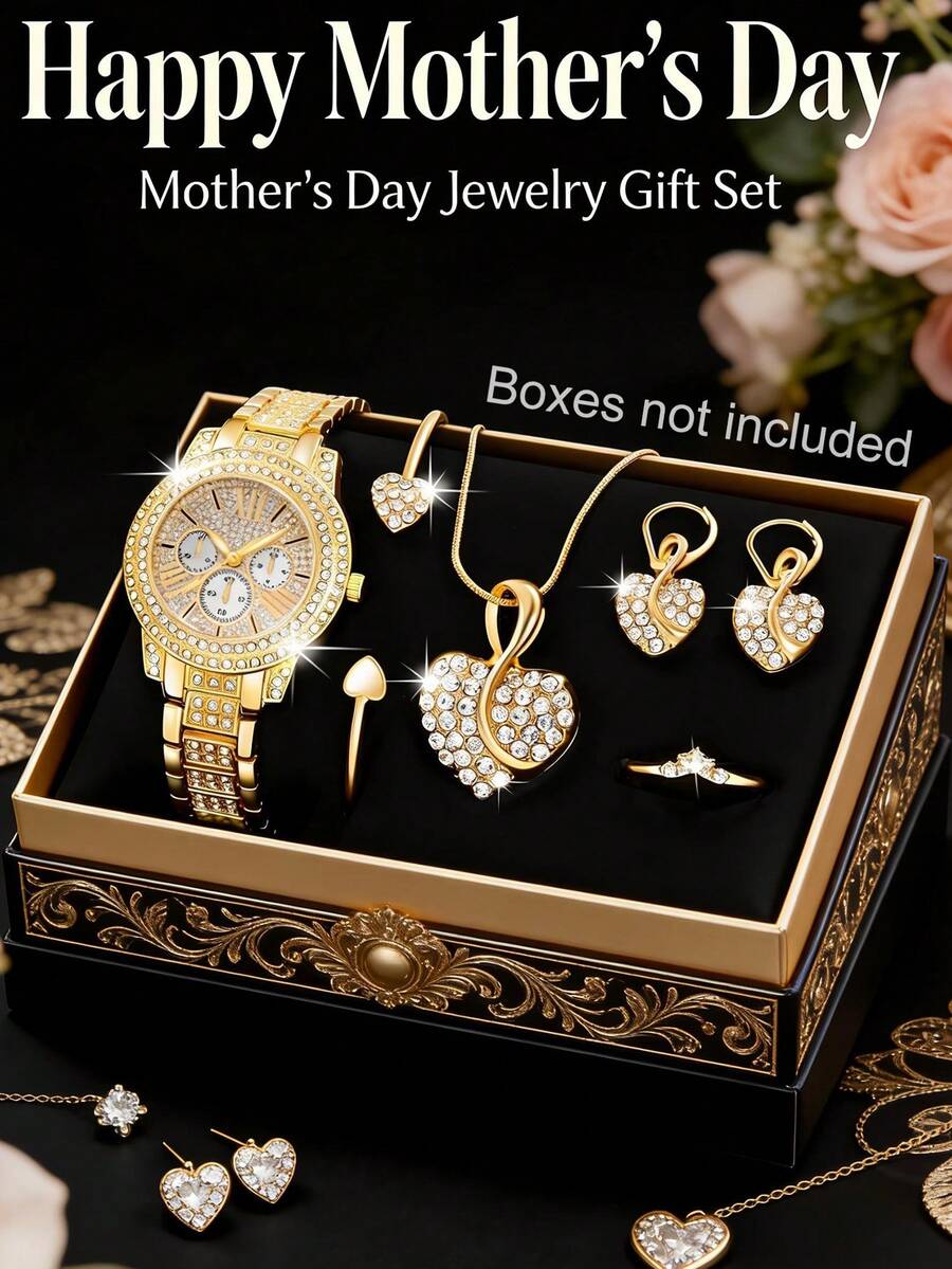 1 Set Women's Watch, Fashionable & Elegant, Round Roman Numeral Quartz Watch With Necklace, Ring, Earrings And Bracelet Jewelry Set, Suitable For Daily Wear, Birthday, Back To School, Thanksgiving And Romantic Occasions, Perfect Gift (Excluding Gift Box) - Gold - View 1