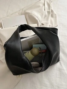 1 chiếc túi xách tay cá nhân hóa màu trơn bằng da PU, túi tote tối giản, túi đeo vai, túi đeo nách. - màu đen - Xem 5