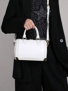 2025 New Fashionable High-End Women's Handbag, Large Capacity Boston Cushion Bag, Vintage Rivet Box Shoulder Bag, Versatile Personalized Street-Style Top Handle Satchel, Structured Box Bag - 彩色 - 查看 5