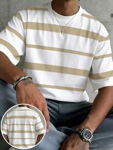 Áo thun cổ tròn kẻ sọc kaki trắng tối giản, áo thun nam tay ngắn dáng rộng thoải mái - trắng - Xem 1