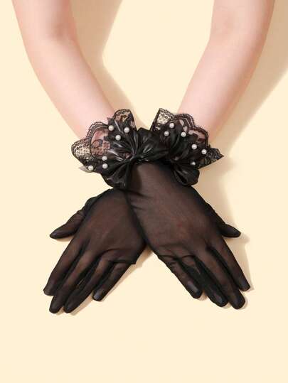 1 par de luvas de festa com laço decorativo em renda de poliéster, luvas de proteção UV para noiva, ideais para primavera/verão e casamentos.
