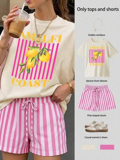 Bộ đồ nữ cỡ lớn mùa hè thường ngày kẻ sọc in hình chanh gồm áo thun và quần short kẻ sọc, kiểu dáng thanh lịch.