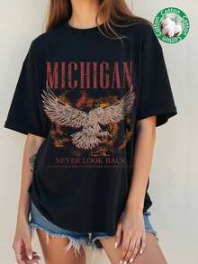 Camiseta de manga corta de ajuste holgado con cuello redondo y estampado de águila en estilo casual para mujer, adecuada para el verano - Negro - Ver 2