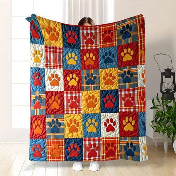 1 pieza Manta acolchada con diseño de huellas de pata de mascota de dibujos animados lindos | Suave, gruesa y cálida para todas las estaciones con diseño de cuadros multicolor de huellas de perro, acogedora para sofá y cubrecama para decoración del hogar, tela de poliéster y franela