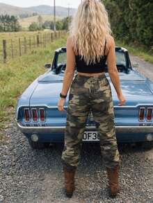 Women's Camouflage Cargo Pants With Pockets Wide Leg Drawstring Elastic Waist Trousers Streetwear - 軍綠色 - 查看 7