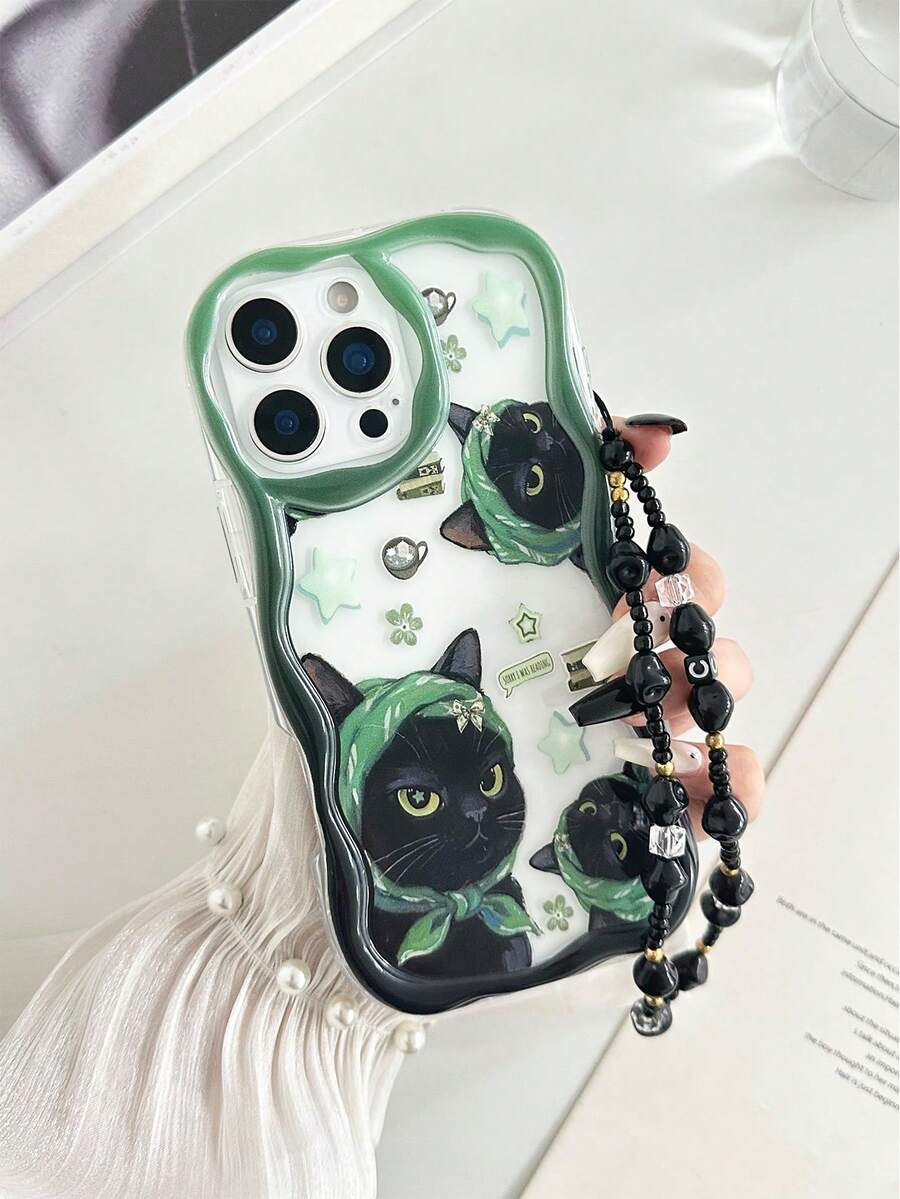 奶油色波浪边亮面猫咪彩绘防摔手机壳，配串珠手链配件，兼容 17 Pro/17 Air/17/17 Pro Max/16/11/16 Pro/16 Plus/16 Pro Max/16 e/15 Pro Max/13/14/12/XS/XR/7G/8P，Galaxy A17/A07/S26/S26 Plus/S26 Ultra/S25/S25 Plus/S25 Ultra/A16/A36，11/12 Pro/12/12 X/13 Pro/14 Pro/15 Pro，10/9/Note9/12c/Note11 Pro/Note8 Pro，国际版，非国内版 - 彩色 - 查看 1