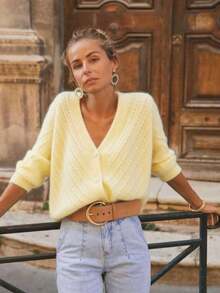 Solid Color Cardigan Long Sleeve Knit Sweater Jacket, Autumn/Winter - Đỏ - Xem 9