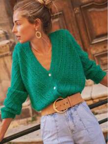 Solid Color Cardigan Long Sleeve Knit Sweater Jacket, Autumn/Winter - 墨綠色 - 查看 11