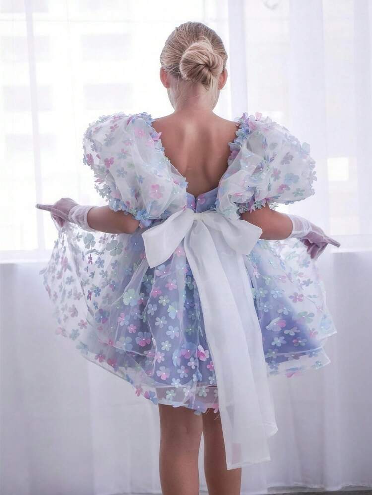 Vestido de fiesta azul con mangas de pétalos florales 3D para niña, vestido de princesa adecuado para niñas, fiesta de cumpleaños, banquete, baile de graduación, vestido de dama de honor, ceremonia de graduación, atuendo de primavera - Celeste - Añade 7