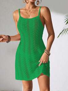 Women's Summer Bohemian Ombre Hollow-Out Sexy Sheer Cover-Up Camisole Mini Dress Vacation Beach - 綠色 - 查看 5