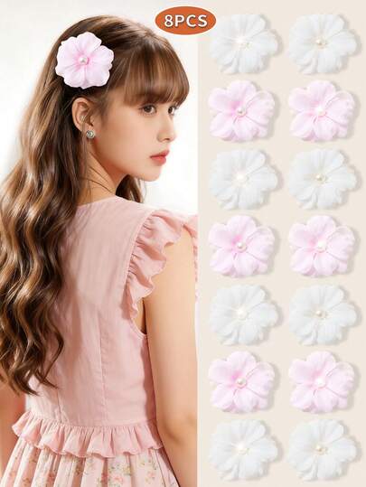 8个哑光珍珠仿花发夹，清新花朵侧刘海夹，适合女孩的日常温柔发饰